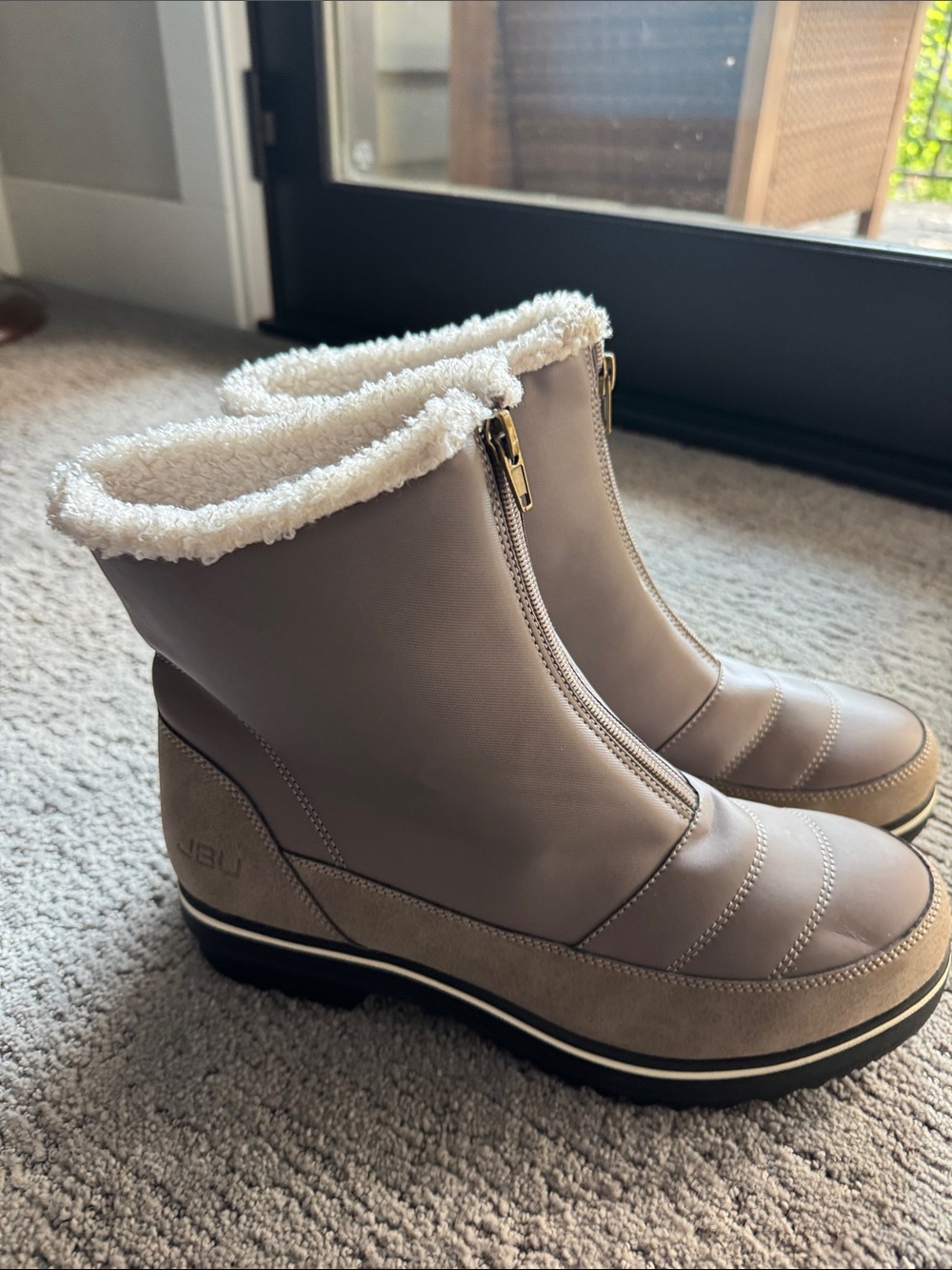 JBU Snowbound Encore Taupe Winter Ankle Boots with White Shearling Collar
